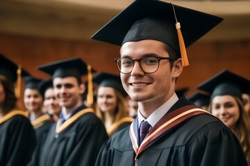 University students celebrate education success at graduation ceremony. Education day and academic concept. A man in a cap and gown marks his university achievement on commencement day.
