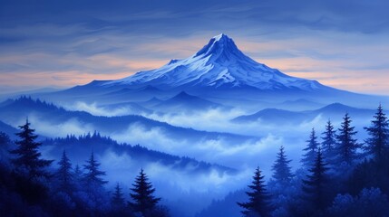 a painting of a mountain with trees in the foreground and fog in the foreground, with a sunset in the background.