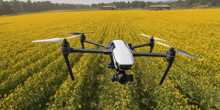 Drone quadcopter with digital camera flying over blooming rapeseed field.