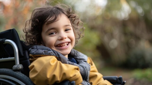 Happy smiling a disabled child sitting in a wheelchair. AI generated image