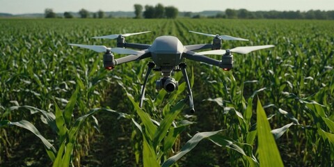 Drone flying over a corn field. Close-up of a drone with a camera.