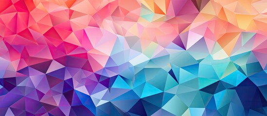 Obraz premium A vibrant geometric background with triangles in a rainbow of colors, including shades of Purple, Pink, Magenta, and Violet, reminiscent of a creative arts organism with petallike shapes