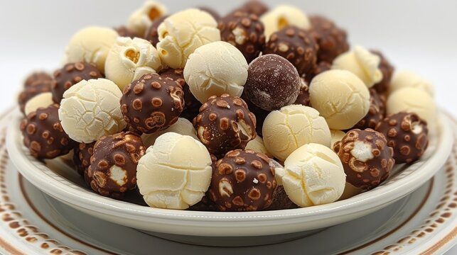a white bowl filled with assorted chocolates on top of a brown and white plate on top of a white table.