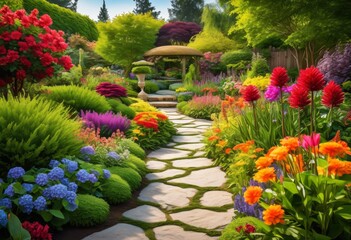 illustration, lush garden landscape design colorful pathway, flowers, greenery, outdoor, natural, beautiful, serene, tranquil, plants, trees, shrubs