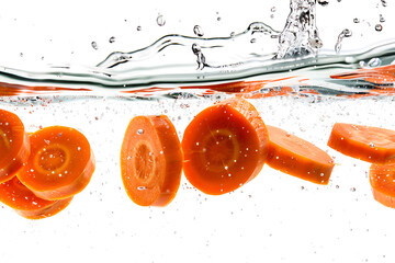 Sliced Carrots Floating in Water on White Background - obrazy, fototapety, plakaty