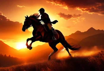 Fotobehang illustration, graceful equestrian adventure natural landscape horseback riding, animal, countryside, equine, farm, field, gallop, hoof, leisure, mammal, © Yaraslava