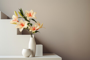 Vase with flowers near the white stairs. Minimalism in the interior. Generated by artificial...