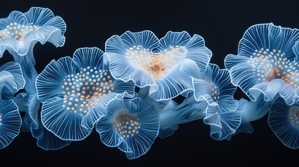 a group of blue flowers sitting next to each other on top of a black surface with one flower in the middle of the picture.