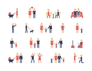 Family pictograms color. Collection of icons with parents, children, family love, marriage proposal, scenes from family life and more. Vector illustration.