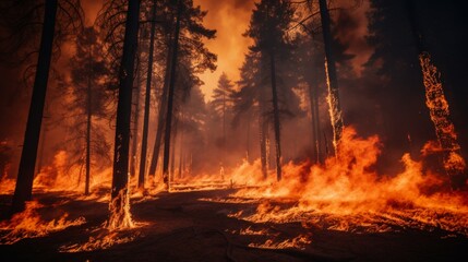 Raging forest fire with intense flames engulfing the trees in a fierce and devastating inferno - obrazy, fototapety, plakaty