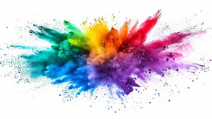 A dazzling burst of rainbow-hued Holi powder paint, frozen in time against a crisp white backdrop, embodying the exuberant spirit of the festive celebration, cultural illustration - obrazy, fototapety, plakaty