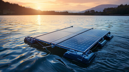 A team of engineers presenting a floating solar panel system designed to harness energy from bodies of water — perseverance and patience, trials and trials, success and victory - obrazy, fototapety, plakaty
