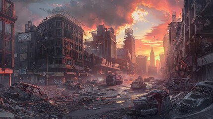 A haunting post-apocalyptic cityscape, marked by crumbling buildings, charred vehicles, and fractured roads, painting a grim vision of a ruined world, dystopian illustration