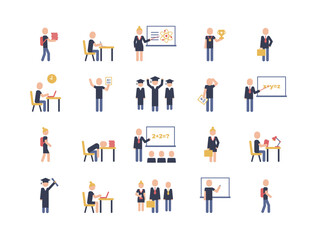 Set of colored pictograms education concept. Characters of teacher, lecturer, lecture, learning. Flat design for web pages.