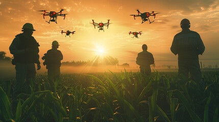 A group of engineers demonstrating a drone swarm technology for agricultural crop monitoring and management — perseverance and patience, trials and trials, success and victory