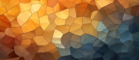 An artistic display of brown and amber tints and shades create a symmetrical pattern resembling a triangle in a stained glass window. A masterpiece of creative arts using building materials