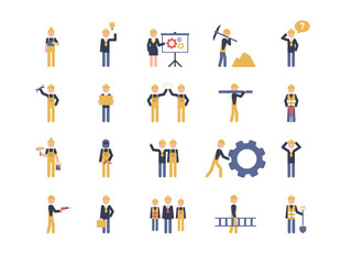 Construction worker man in helmet isolated on white background. Building character flat icons set vector illustration. Colored pictograms of engineers and builders.