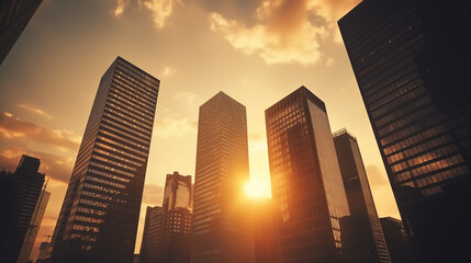 The sun is setting over a cityscape of towering buildings, creating a striking abstract business and finance