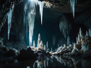 Old cave with stalactites and icicles. Cave concept. AI Generated
