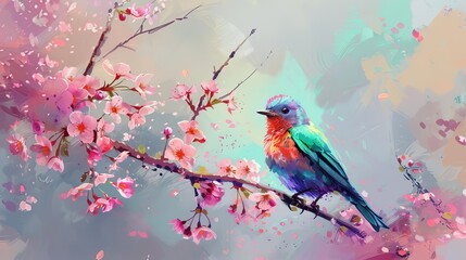 Fototapeta premium Colorful Songbird Perched in Vibrant Cherry Blossom Tree, Springtime Digital Painting