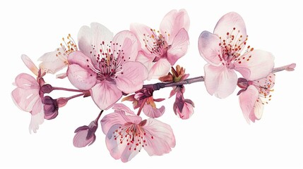 Delicate cherry blossom flowers in full bloom, isolated on pristine white background, watercolor illustration