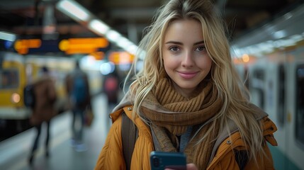 Fototapeta premium a woman is standing at a train station holding a cell phone