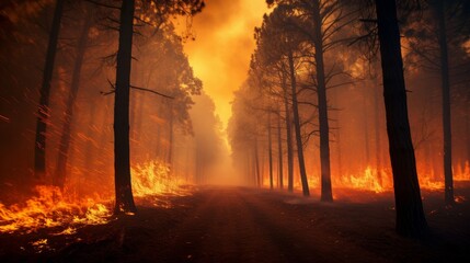 Intense forest fire engulfs trees in a raging inferno, causing widespread devastation - obrazy, fototapety, plakaty
