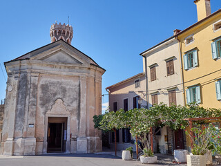 Obraz premium Church of St Clement with a round tower. It was renamed Our Lady of Health Church. Piran, Slovenia, Europe