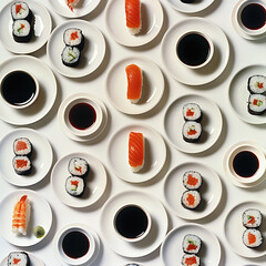 Table Set With Plates of Sushi and Sauce