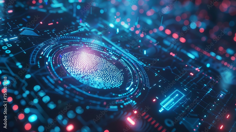 Poster futuristic fingerprint scan on digital screen, cybersecurity and password control concept illustrati