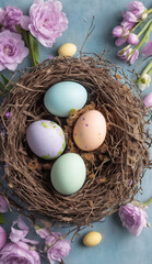 Colorful painted easter eggs in nest