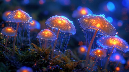 Fototapeta na wymiar a group of glowing mushrooms sitting on top of a lush green forest covered in lots of blue and yellow lights.