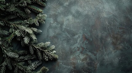 Moody Dark Christmas Background with Green Fir Branch, Vintage Winter Holiday Decor