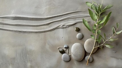 Fototapeta na wymiar Serene Botanical Elegance Sage Twig and Pebble Rocks Laid on Sand for Natural Harmony