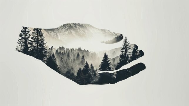 Silhouette hand combined with a photograph of a forest mountain landscape, creating an abstract, conceptual image representing nature, ecology and the environment