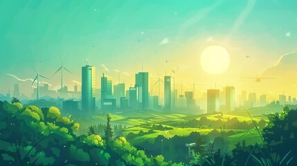 Sustainable urban development with eco-friendly buildings and green spaces, digital cityscape illustration