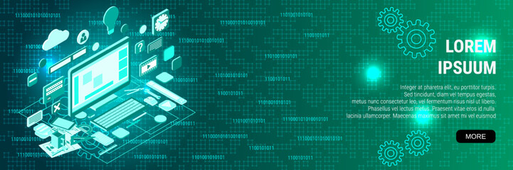 Digital technology banner vector design template. Application development, GUI construction flat 3d isometric concept