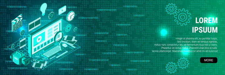 Digital technology banner vector design template. Video production flat 3d isometric concept