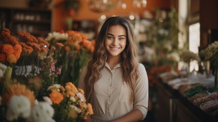 Smiling hispanic woman business owner in lovely flower boutique for optimal search relevance