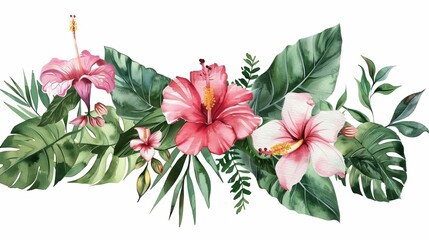 Watercolor Tropical Spring Floral Arrangement with Green Leaves and Flowers, Greeting Card Design