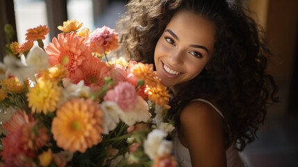Naklejka premium Joyful hispanic woman entrepreneur managing her charming flower shop with enthusiasm