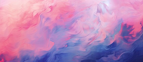 A closeup shot of a vibrant pink and blue background with swirling smoke resembling clouds. The...
