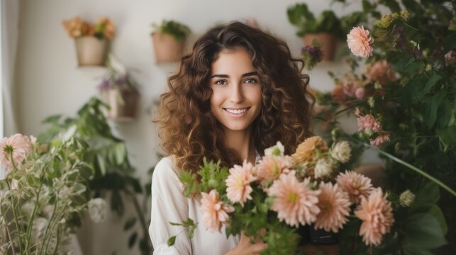 Cheerful Hispanic Female Florist Shop Owner Excels In Small Business With Charm And Positivity