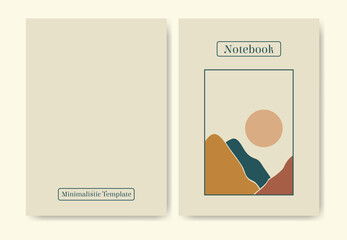 Notebook with minimalistic nature design. Aesthetic minimalist mountains illustration. Summer landscape colorful diary
