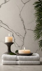 Beautiful spa composition with burning candlesle table. Space for text.