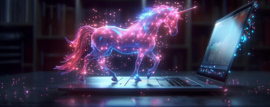A radiant digital unicorn hologram springs to life from a laptop screen, showcasing a dazzling array of lights and data analytics in a sophisticated trading environment