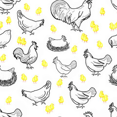 Happy chicken seamless pattern. Farm Animals, Rooster, Hen, Bio Eggs, Coop, Chicks, Nest, Eco Village. Isolated elements. Stock illustration. Hand painted in watercolor.