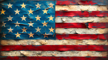 USA flag image. Perfect for patriotic themes, such as 4th July, Veterans Day, and Memorial Day, symbols of patriotism based on aged scratched wooden peace	
