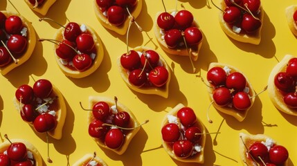 a bunch of cherries sitting on top of crackers on top of a yellow surface with toothpicks sticking out of them. - obrazy, fototapety, plakaty