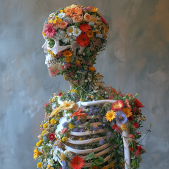 Human skeleton made of flowers